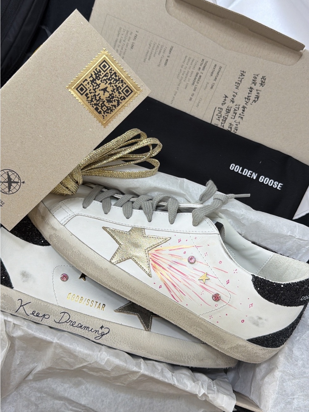 Golden Goose White Leather Superstar Sneaker with Gold Star & Pink Accents
